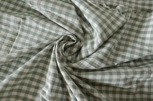 Washed Sage Gingham Cotton Linen Fabric – 3.3 yd