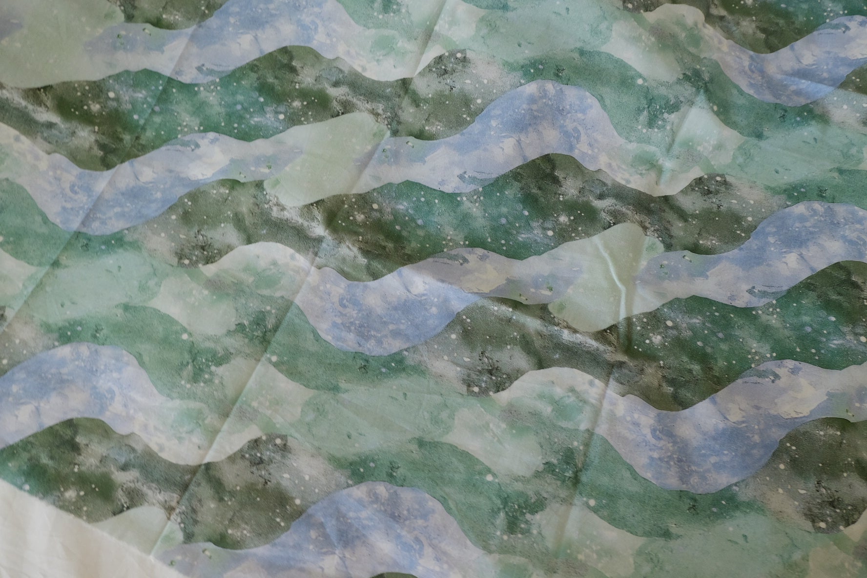 Abstract Watercolor Cotton Fabric – Green Blue Wave Print (2 yd Cut)
