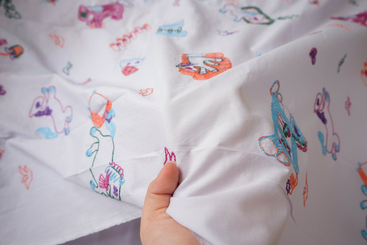 Playful Embroidered Cotton Poplin Fabric, 2.19 Yards