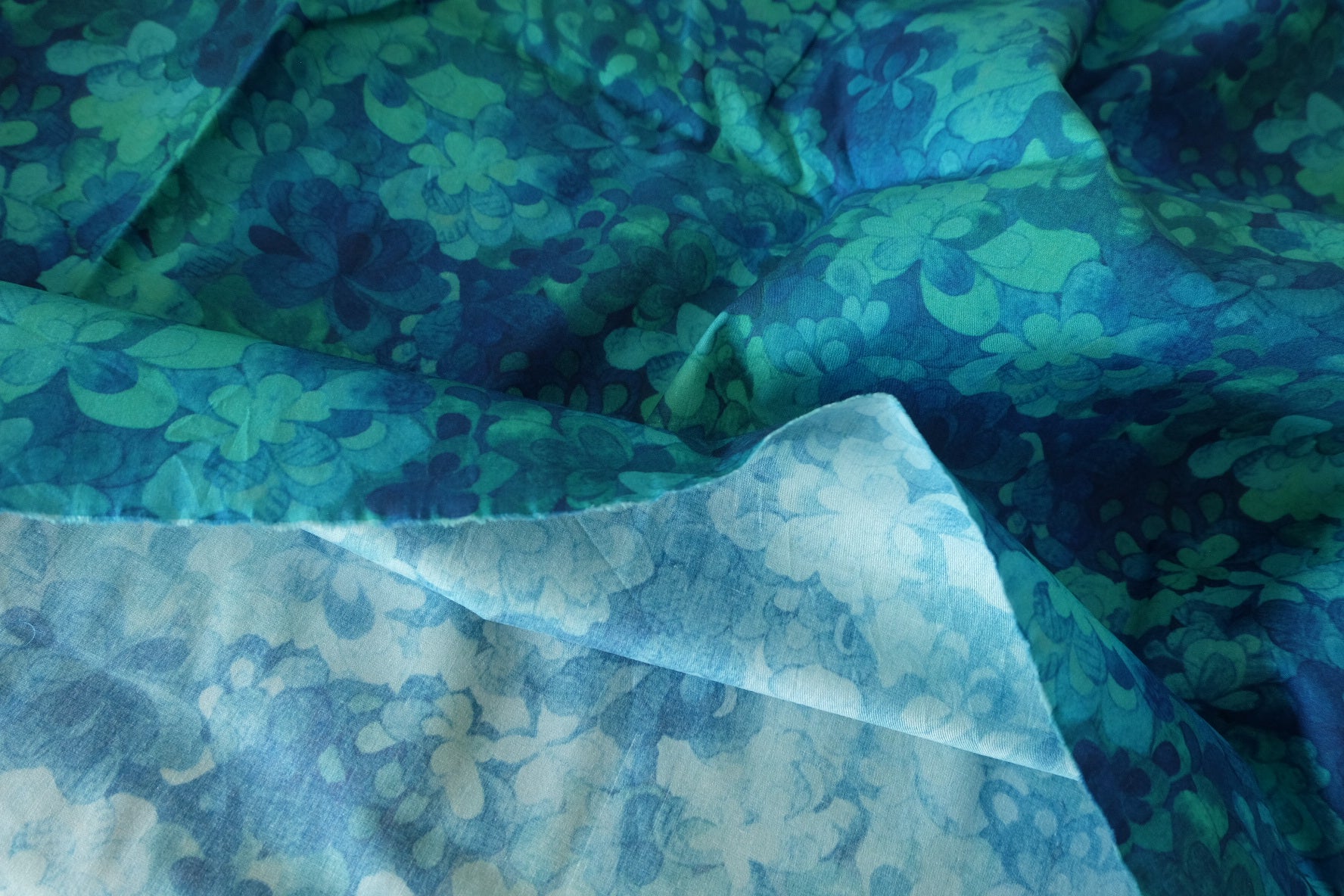 Watercolor Floral Blue Green Cotton Poplin Fabric – 1.6 yd