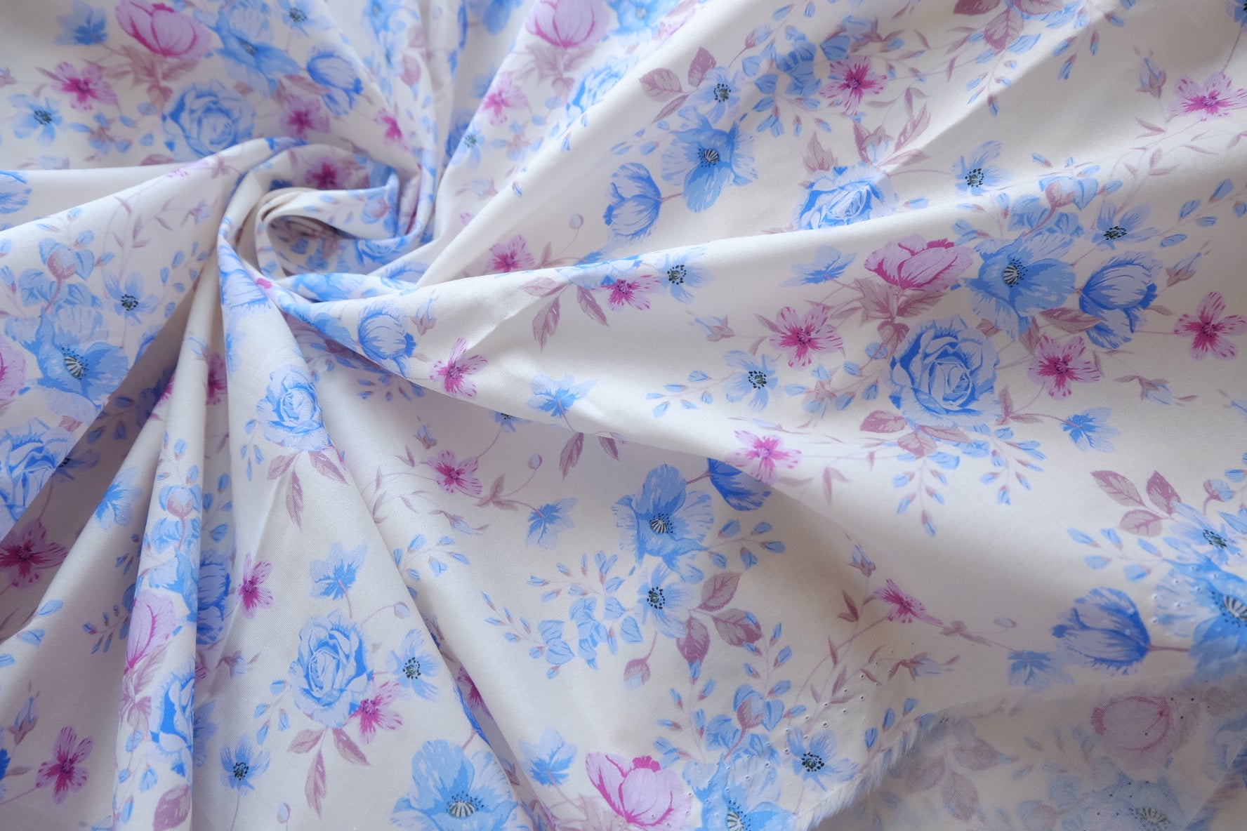 Blue Pink Floral Silky Cotton Lawn Fabric - 2.52 yd