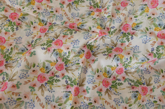 Watercolor Bouquet Cotton Lawn Fabric – Soft Spring Floral Print (1.6 yd Cut)