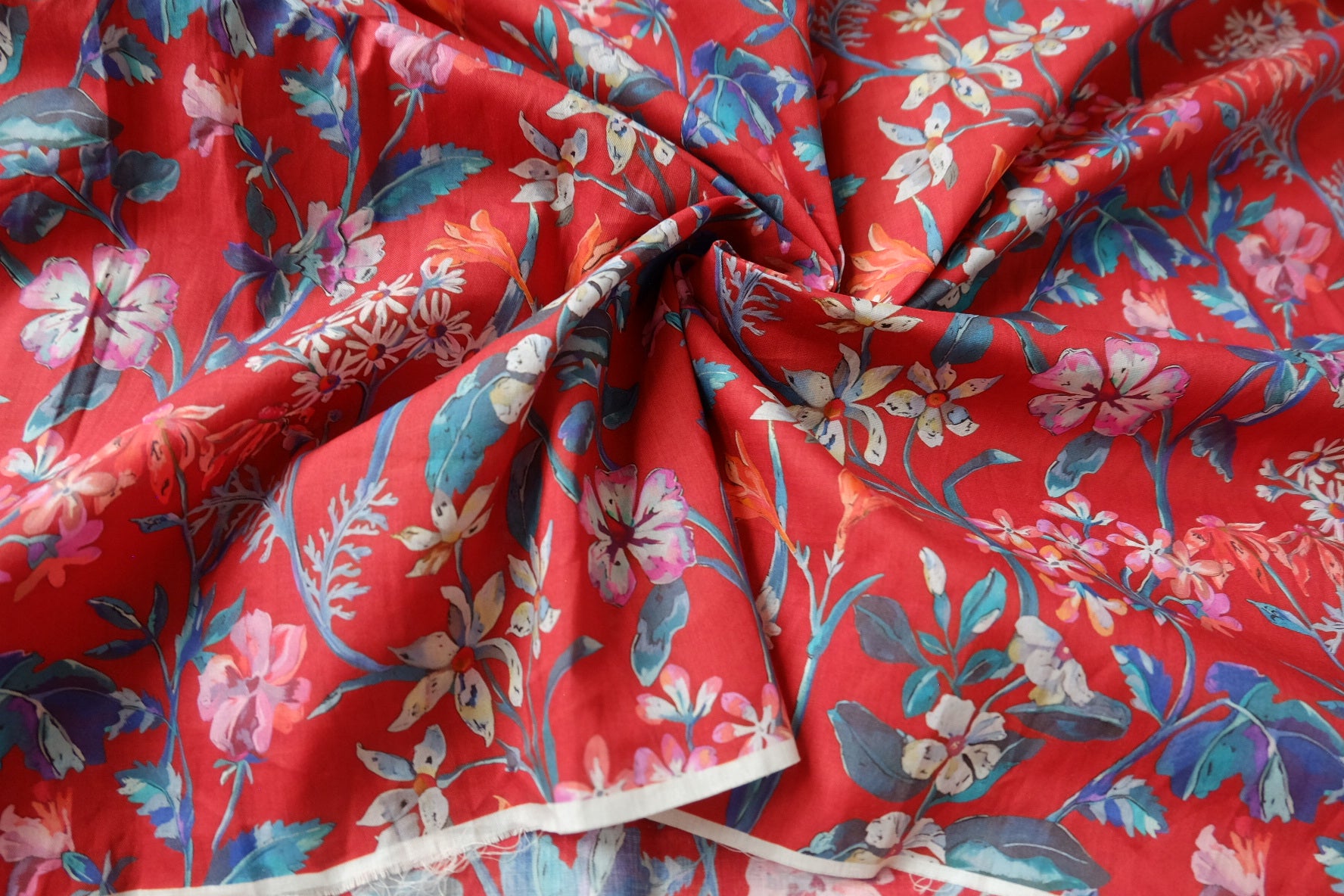 Red Floral Cotton Lawn Fabric, Light & Silky, 3.3 Yards