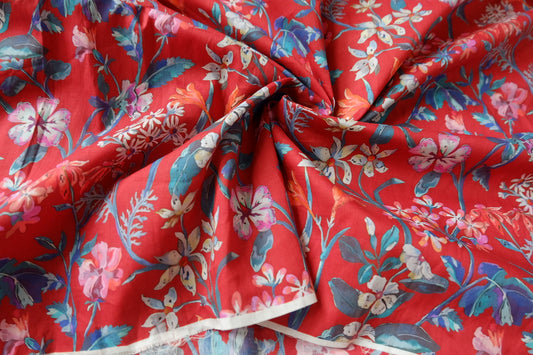 Red Floral Cotton Lawn Fabric, Light & Silky, 3.3 Yards