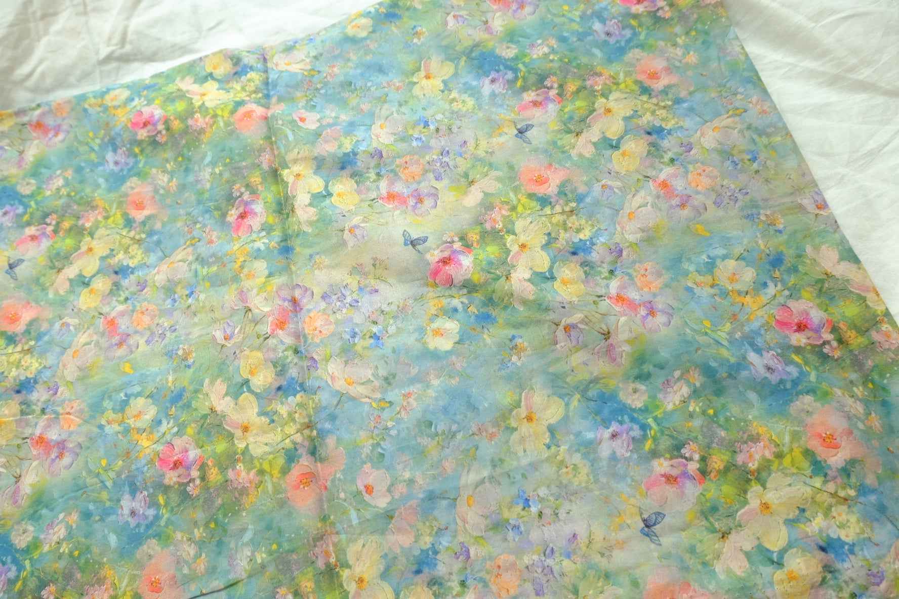 Watercolor Meadow Cotton Poplin, 80s Lightweight Floral Fabric, 1.97 Yards