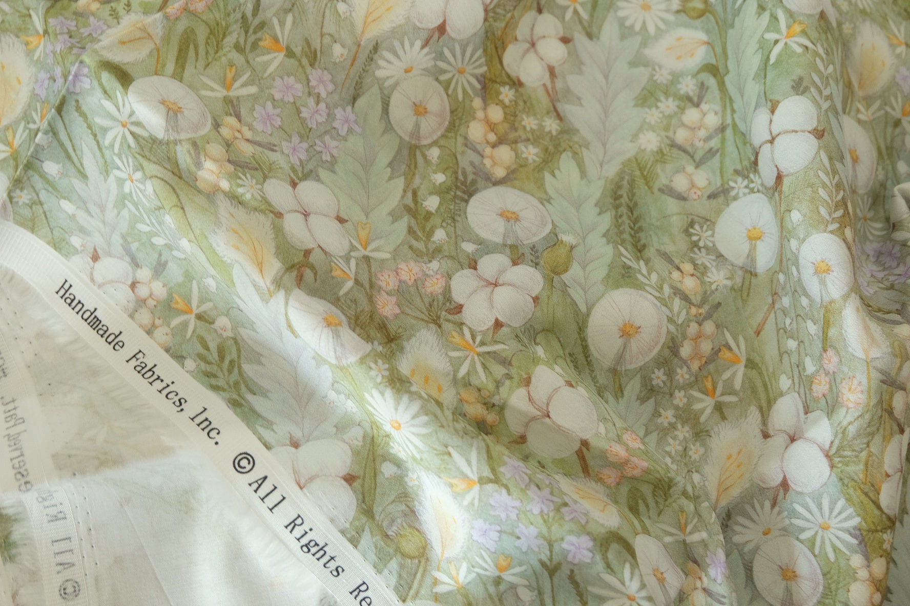 Sage Botanical Floral Cotton Sateen Fabric – Soft Green Garden Print – 1.6 yd
