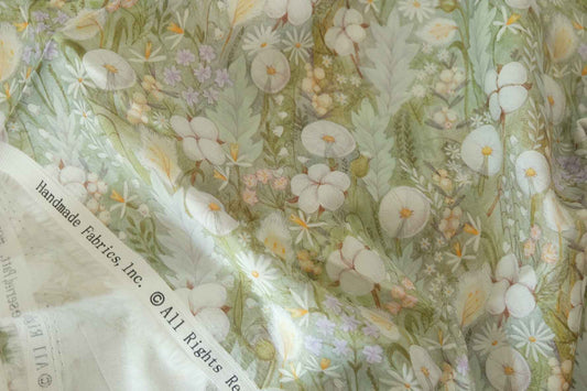 Sage Botanical Floral Cotton Sateen Fabric – Soft Green Garden Print – 1.6 yd