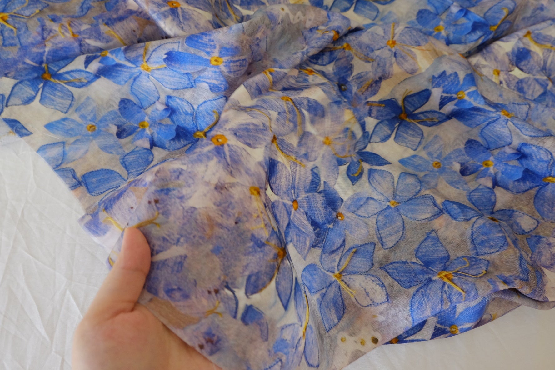 Silky Rayon Fabric – Blue Watercolor Floral Print (2.2 yd Cut)