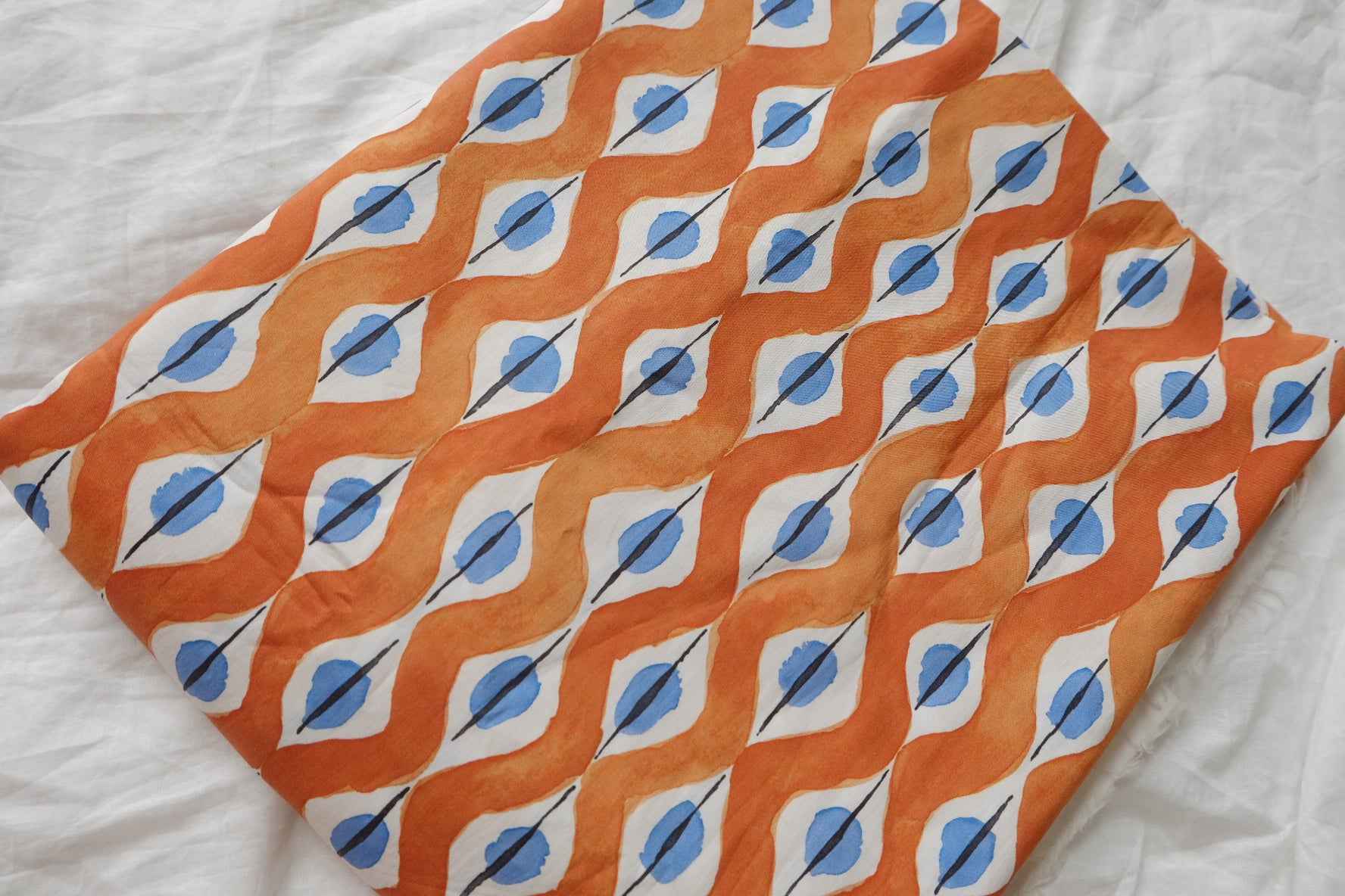 Orange and Blue Geometric Cotton Poplin Fabric, Crisp Dress & Shirting Weight, 3.28 Yards