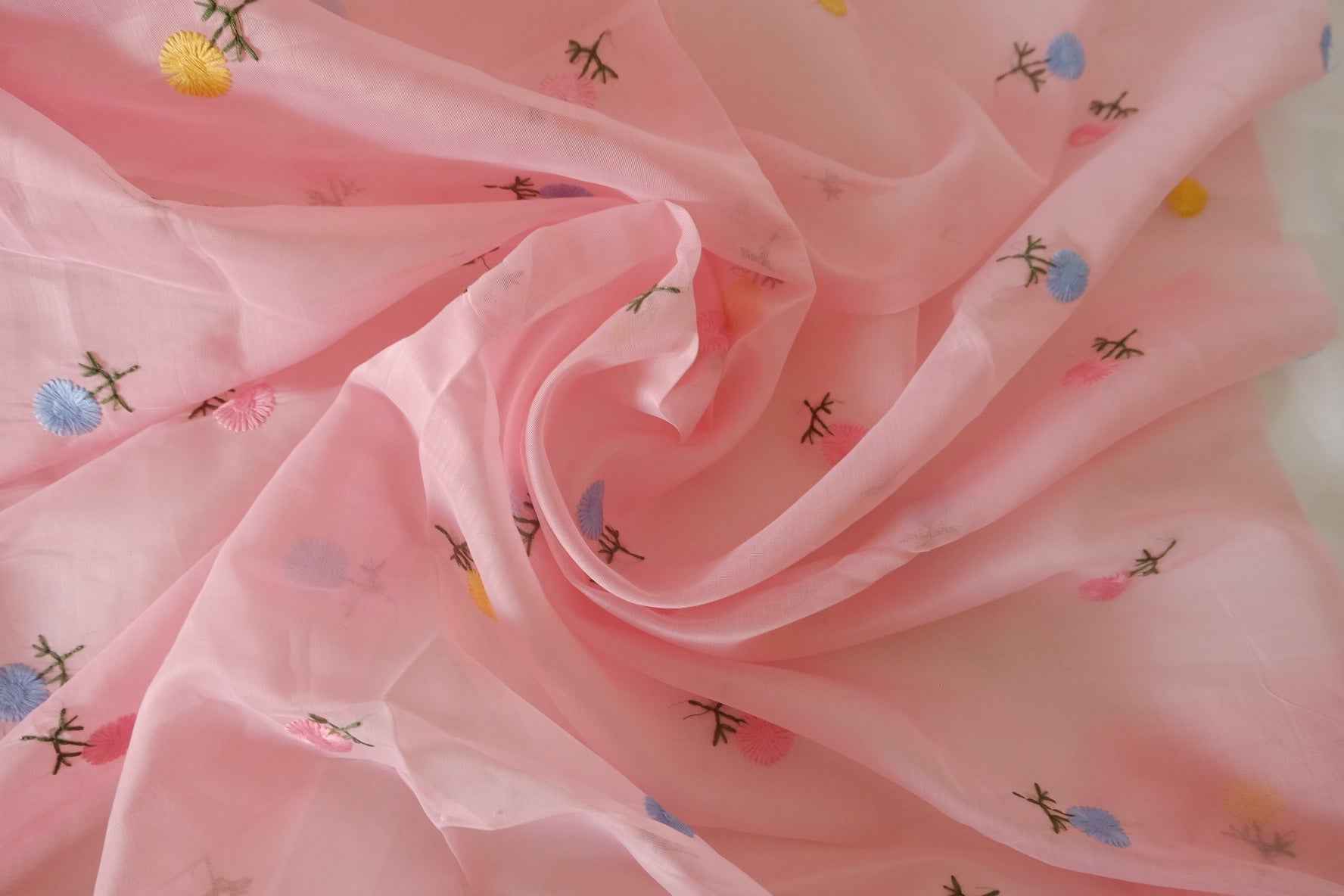 Pink Embroidered Sheer Mesh Fabric – 3.3 Yards