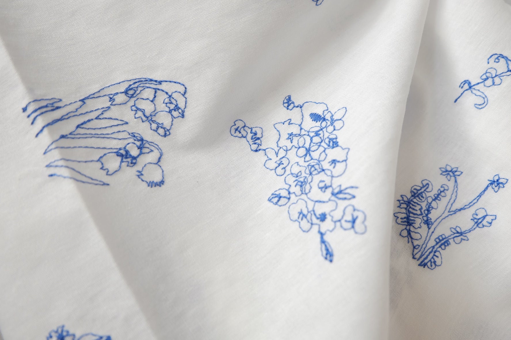 Blue Botanical Embroidered Cotton Fabric, 2.2 Yards