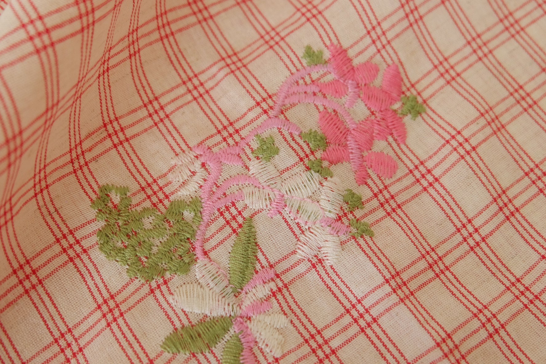 Embroidered Linen Cotton Blend Check Fabric – Pink Floral Detail – 1.3 yd