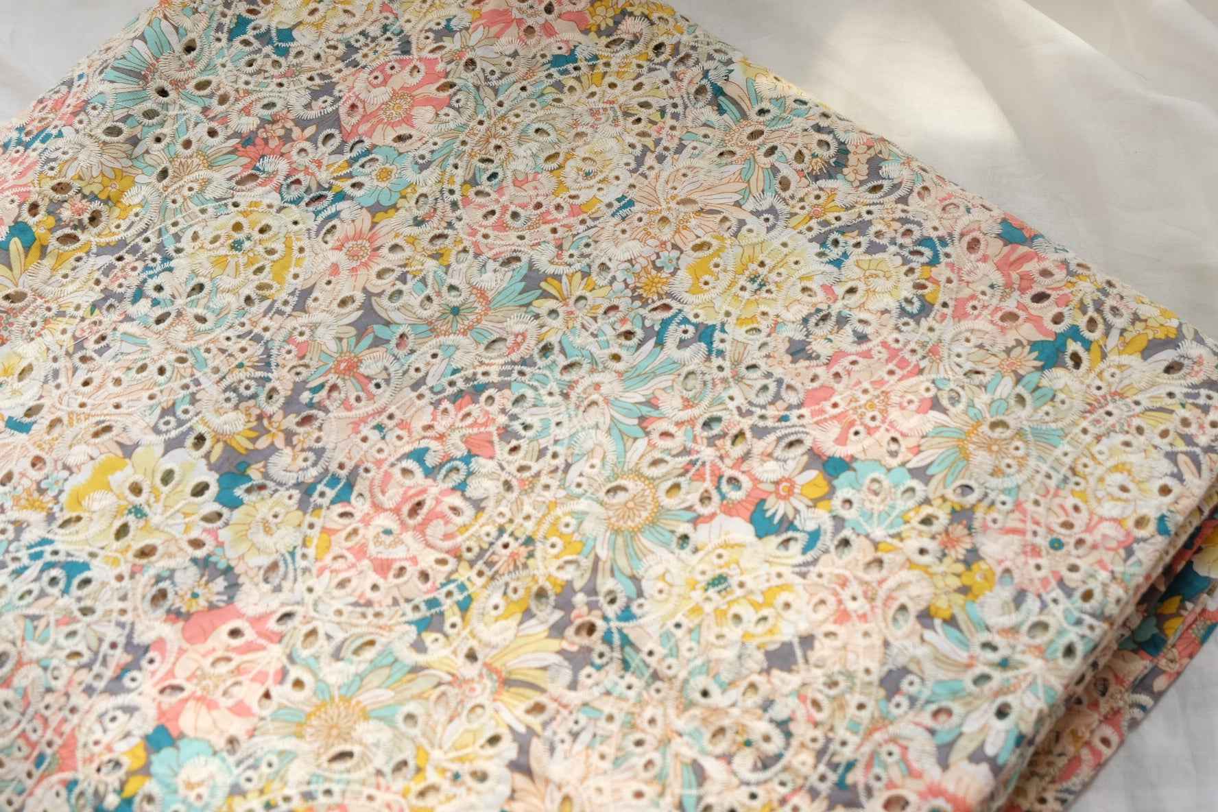 Floral Embroidered Eyelet Cotton Fabric, Soft Dress and Blouse Weight, 1.64 Yards