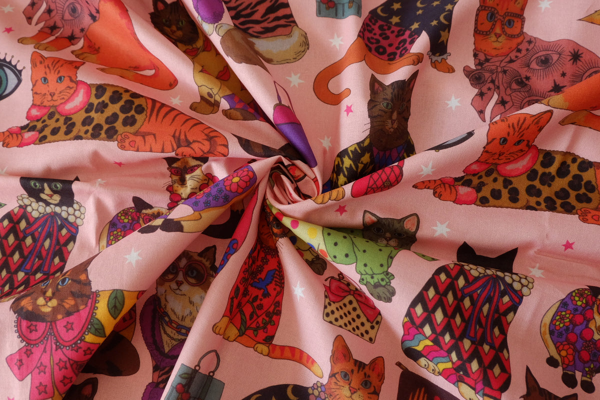 Fashionista Cats – Whimsical Pink Quilting Cotton Fabric – 2.19 yd