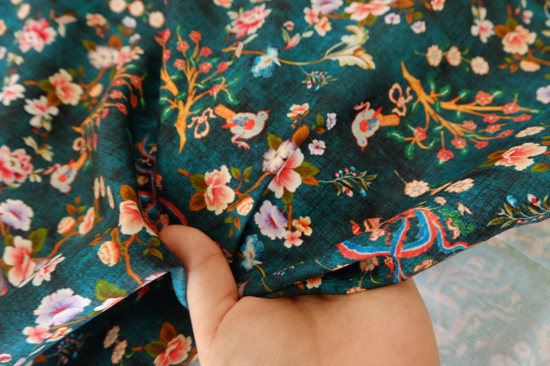 Teal Chinoiserie Floral Bird Cotton Fabric - 2.2 yd