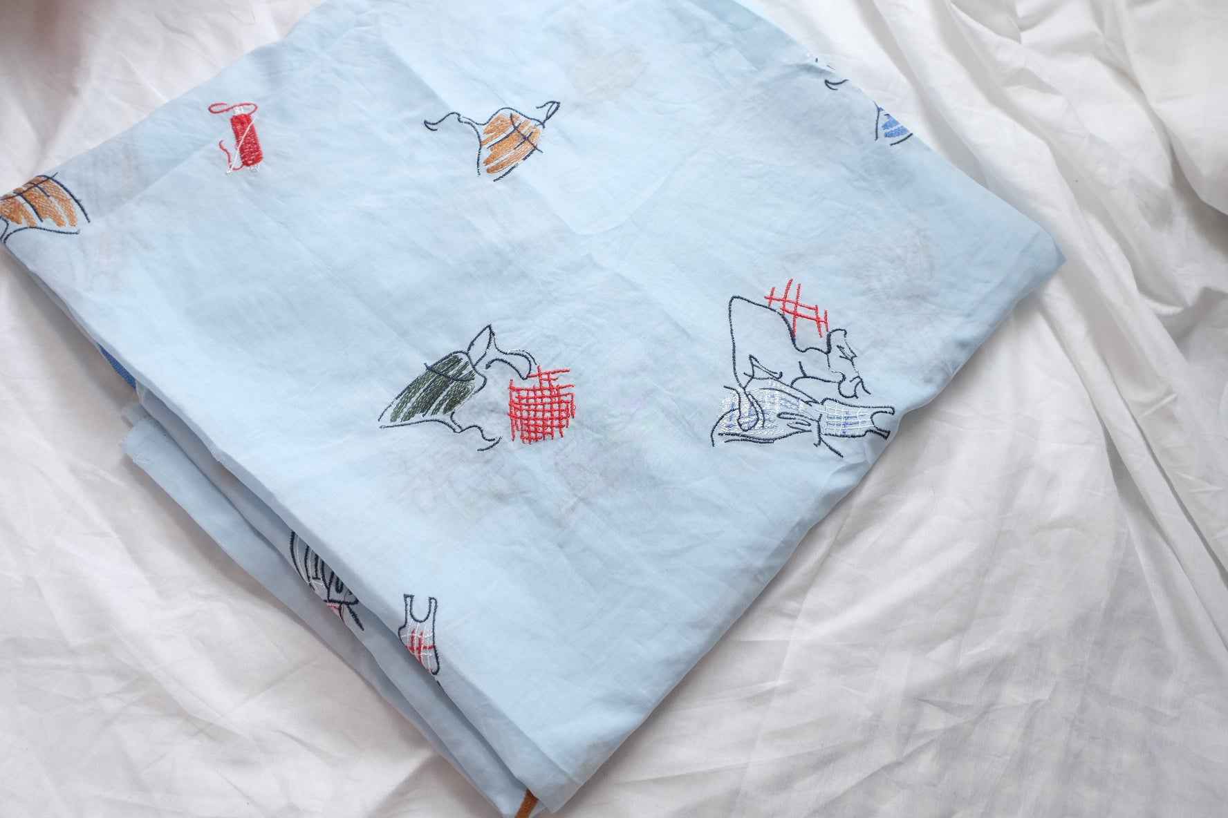 Sky Blue Embroidered Cotton Fabric, Airy Summer Dress Weight, 3.28 Yards