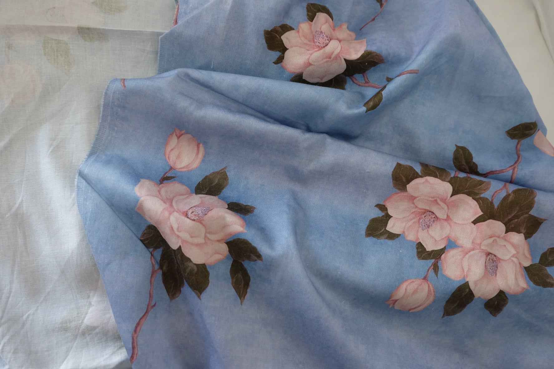 Blue Magnolia Floral Cotton Poplin Fabric – 2.2 yd