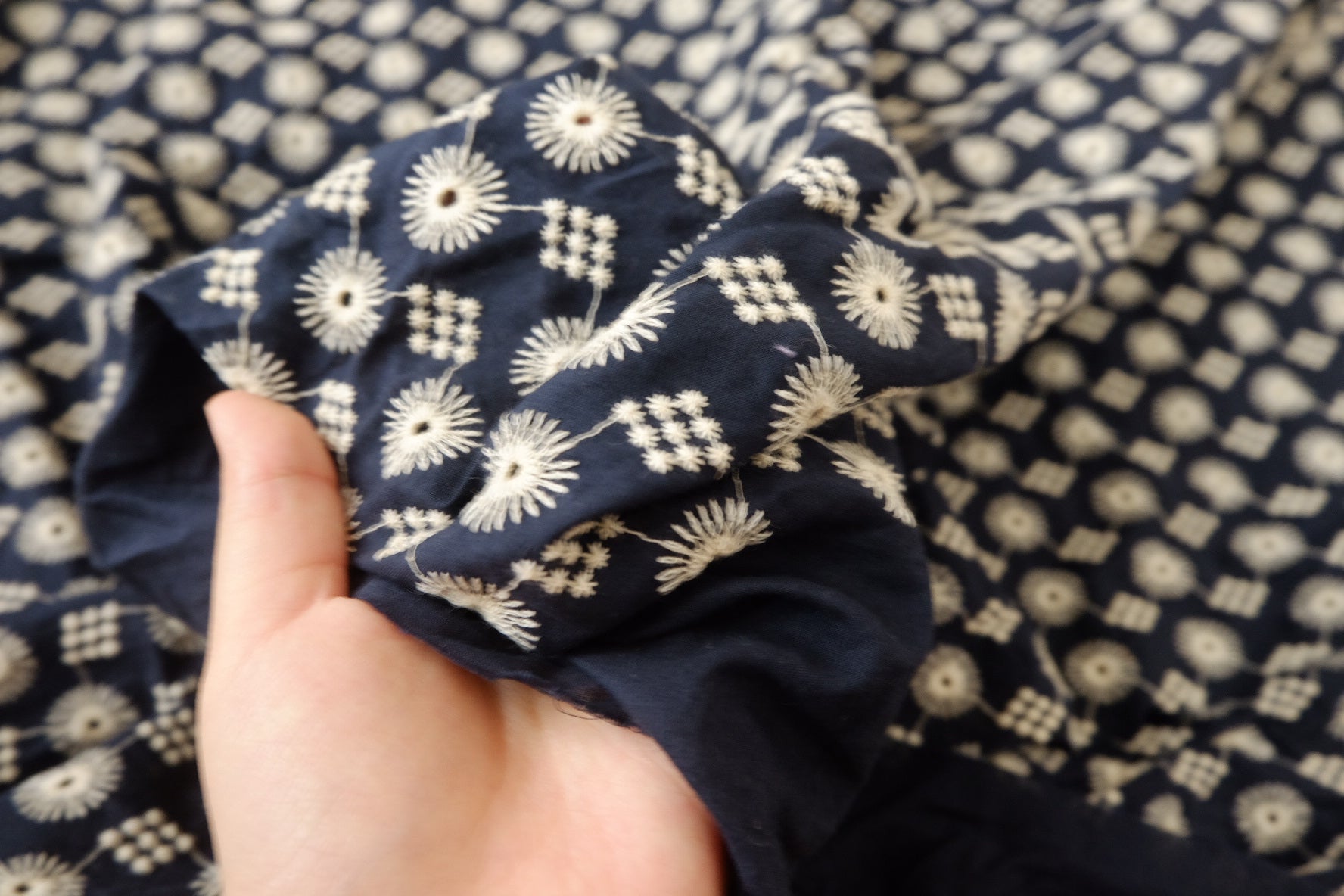 Navy Embroidered Cotton Poplin Fabric, 1.53 Yards