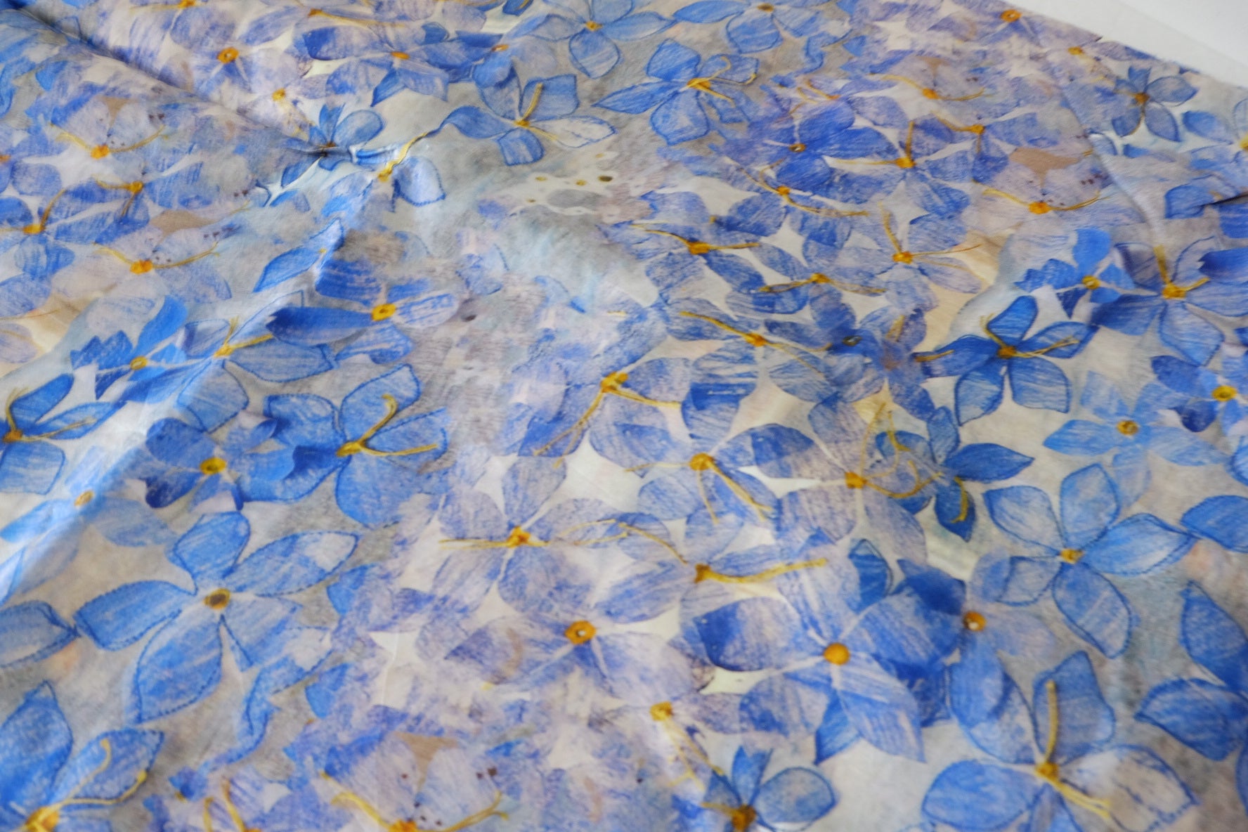 Silky Rayon Fabric – Blue Watercolor Floral Print (2.2 yd Cut)