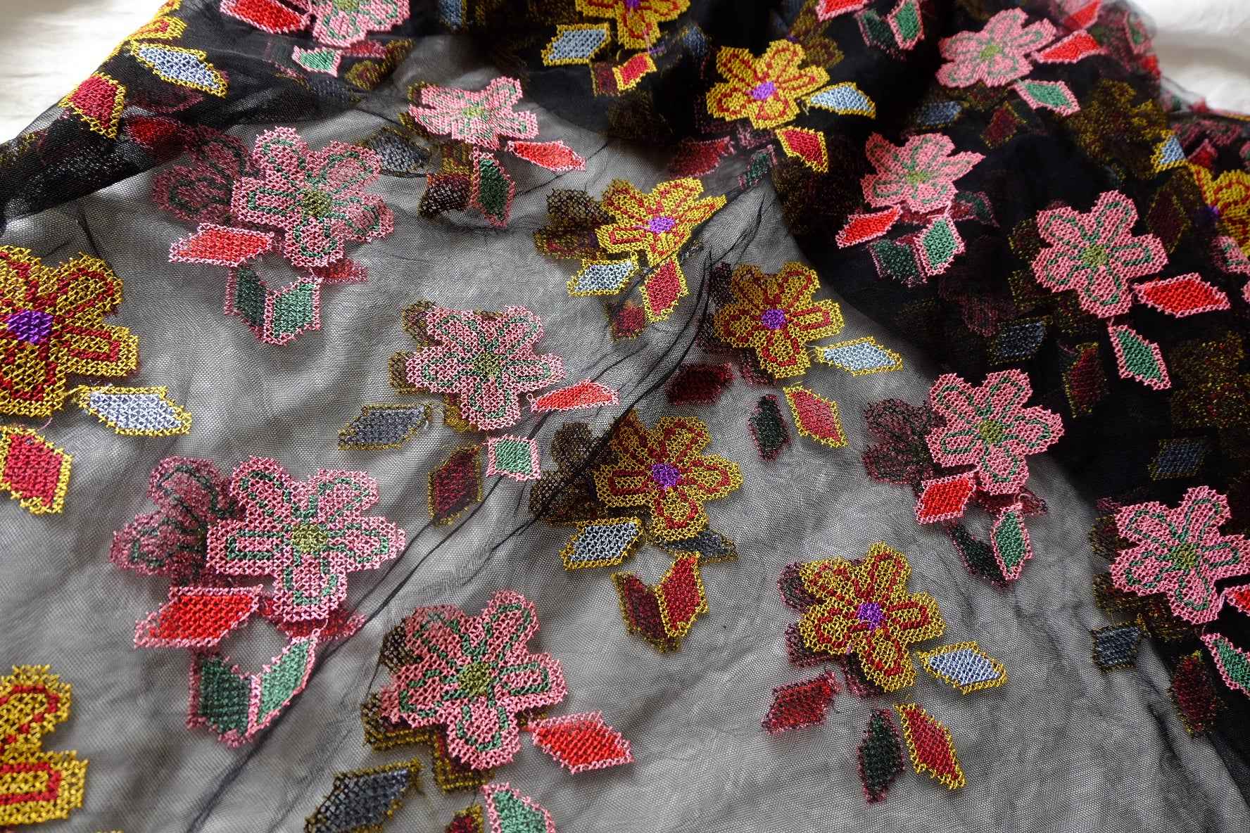Black Cross-Stitch Embroidered Mesh Fabric - 2.19 Yards