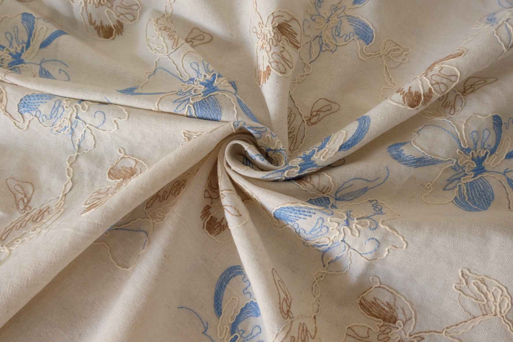 Blue Floral Embroidered Linen Cotton Fabric – 1.6 yd