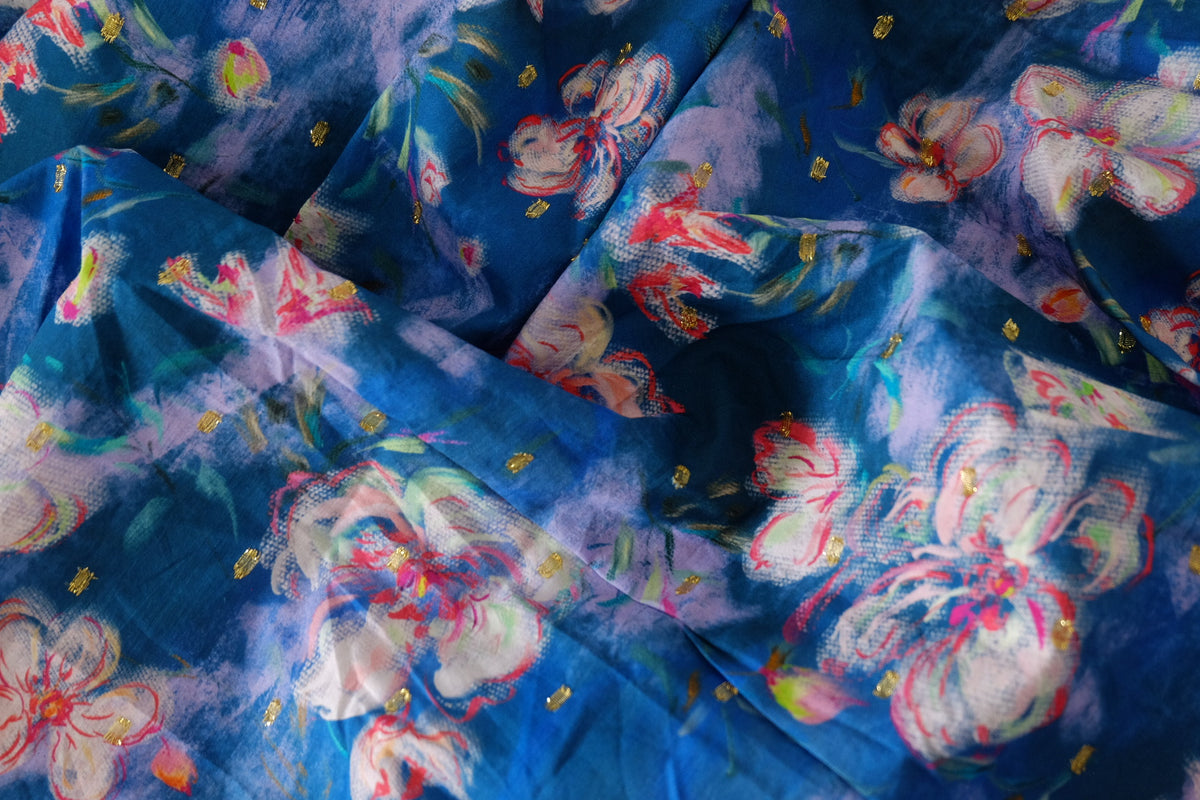 Cobalt Watercolor Floral Gold-Dot Cotton Lawn – 2 yd