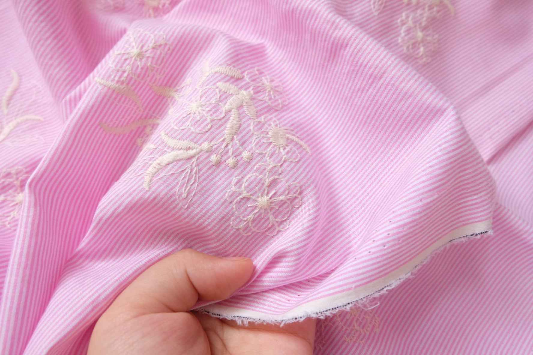 Pink Yarn-Dyed Stripe Embroidered Cotton Fabric, Fresh Shirting Weight, 3.28 Yards