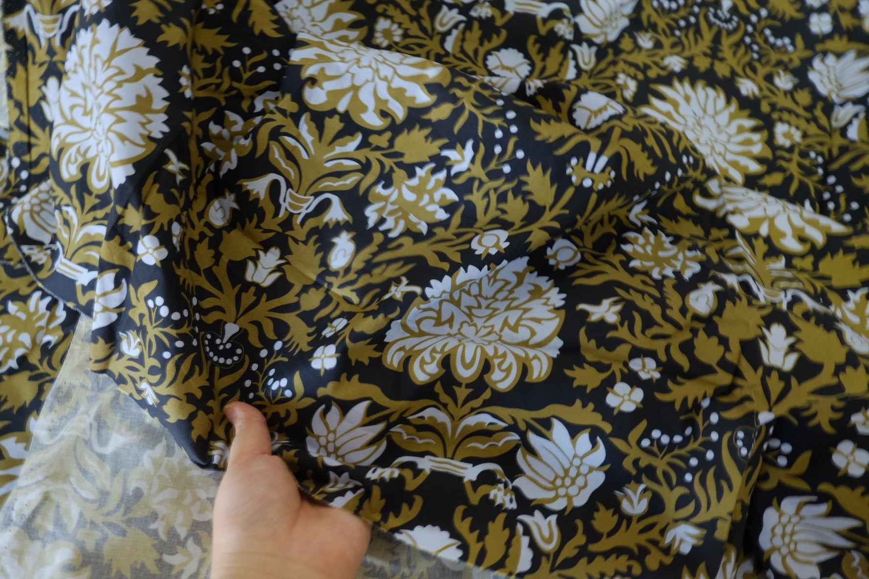 Vintage Olive Black Botanical Cotton Fabric – 1.9 yd