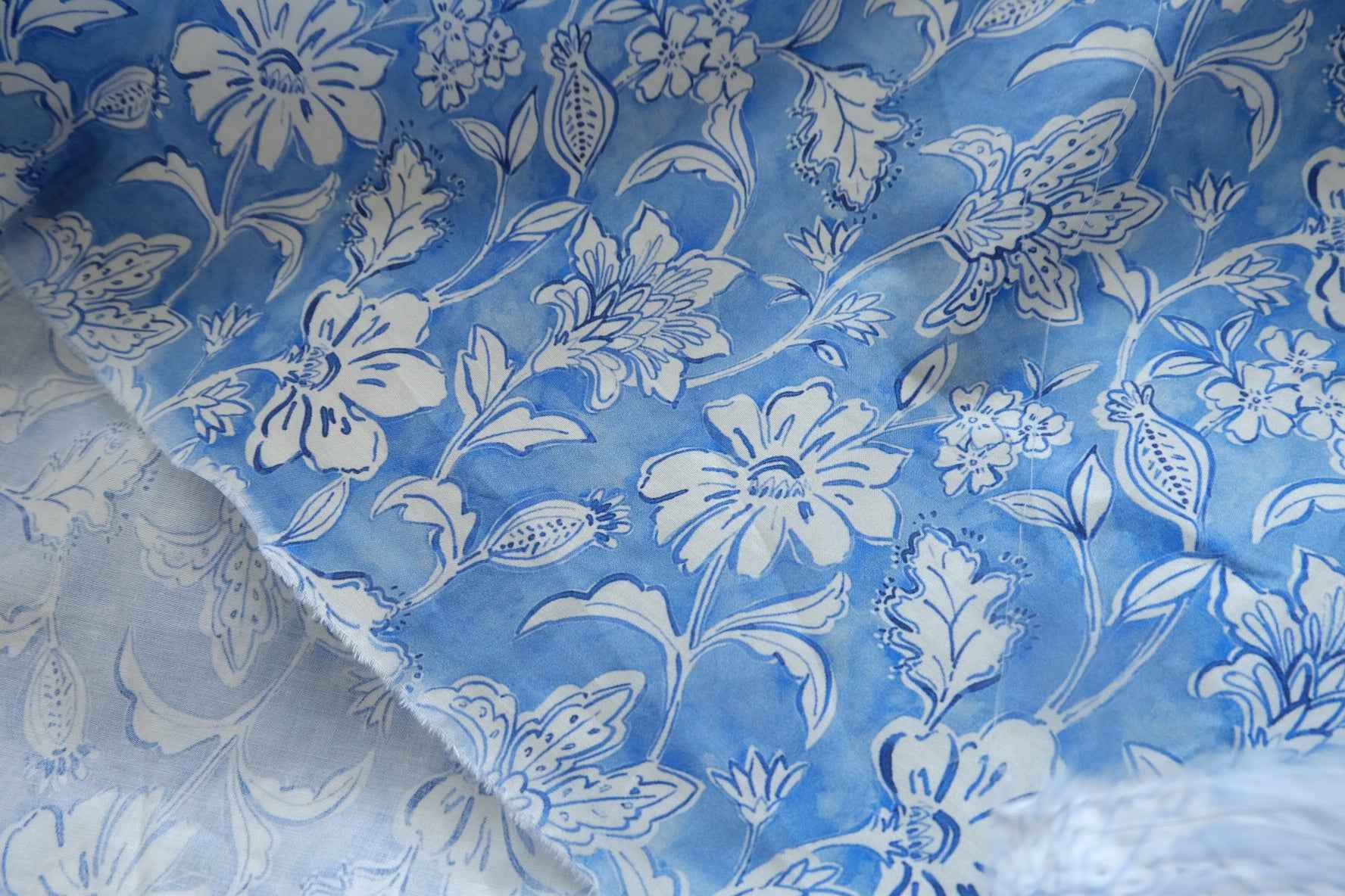 Blue Porcelain Floral Cotton Poplin Fabric - 1.97 yd