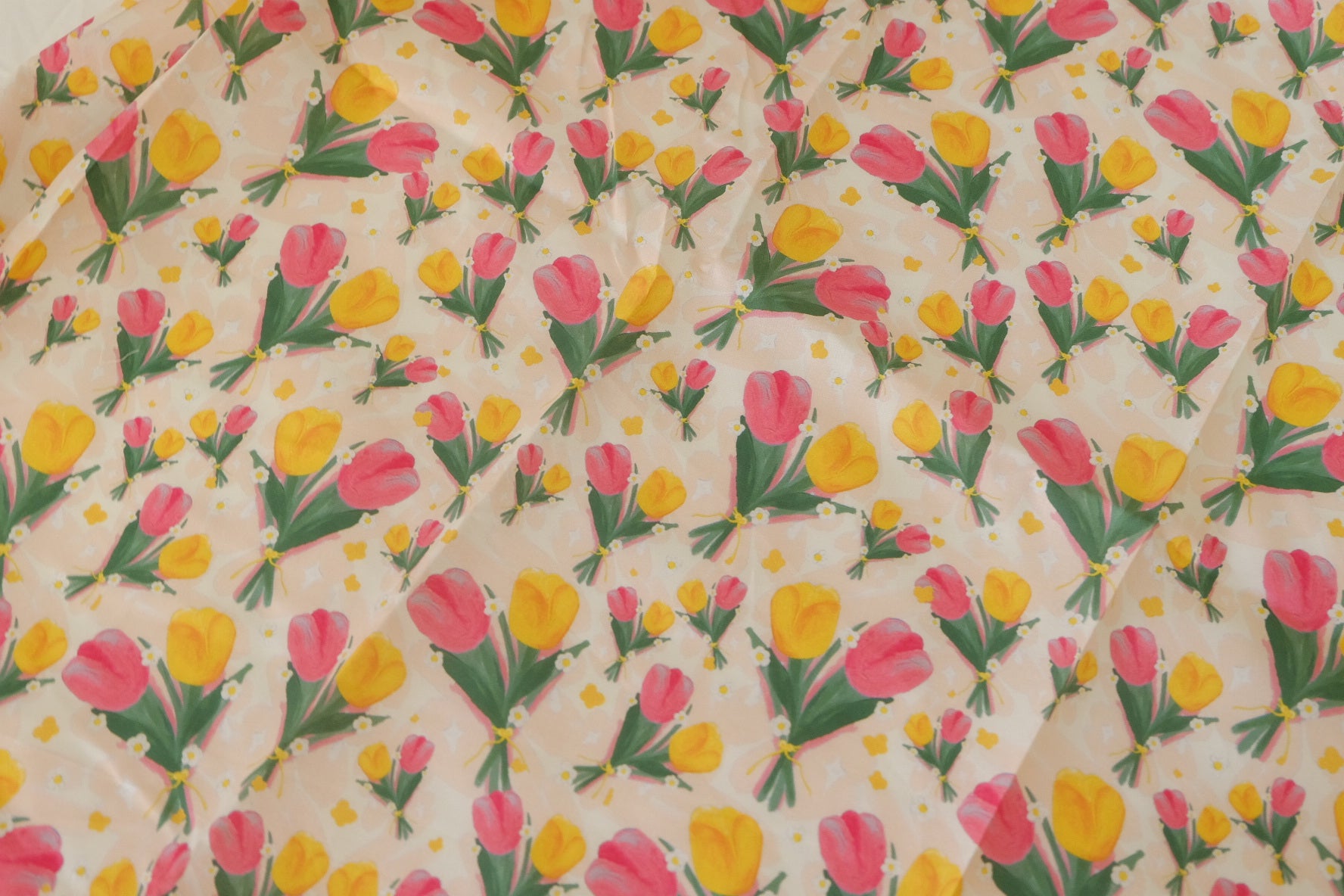 Tulip Bouquet Cotton Lawn Fabric – Pink Yellow Spring Floral Print (1.6 yd Cut)