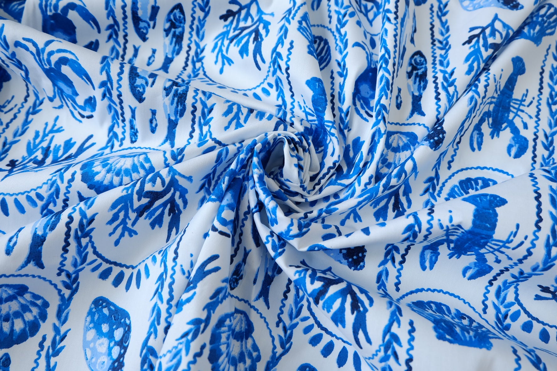 Blue Coastal Print Cotton Poplin Fabric, 3.28 Yards
