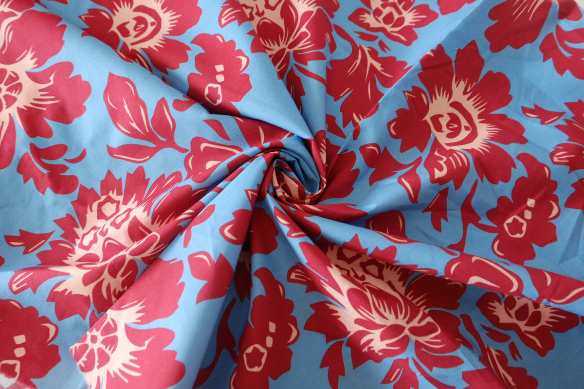 Sky Blue Scarlet Floral Cotton Poplin – 1.1 yd