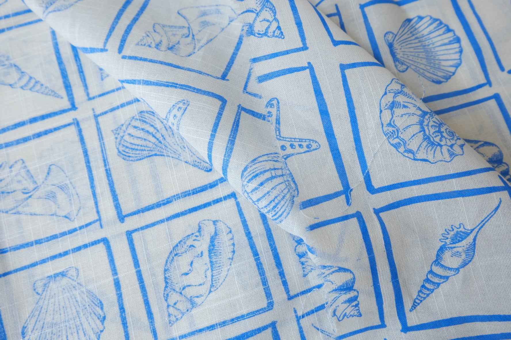 Blue Shell Print Linen Cotton Fabric, Crisp Summer Weight for Dresses and Tops, 3.28 Yards