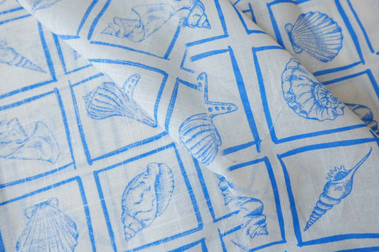 Blue Shell Print Linen Cotton Fabric, Crisp Summer Weight for Dresses and Tops, 3.28 Yards