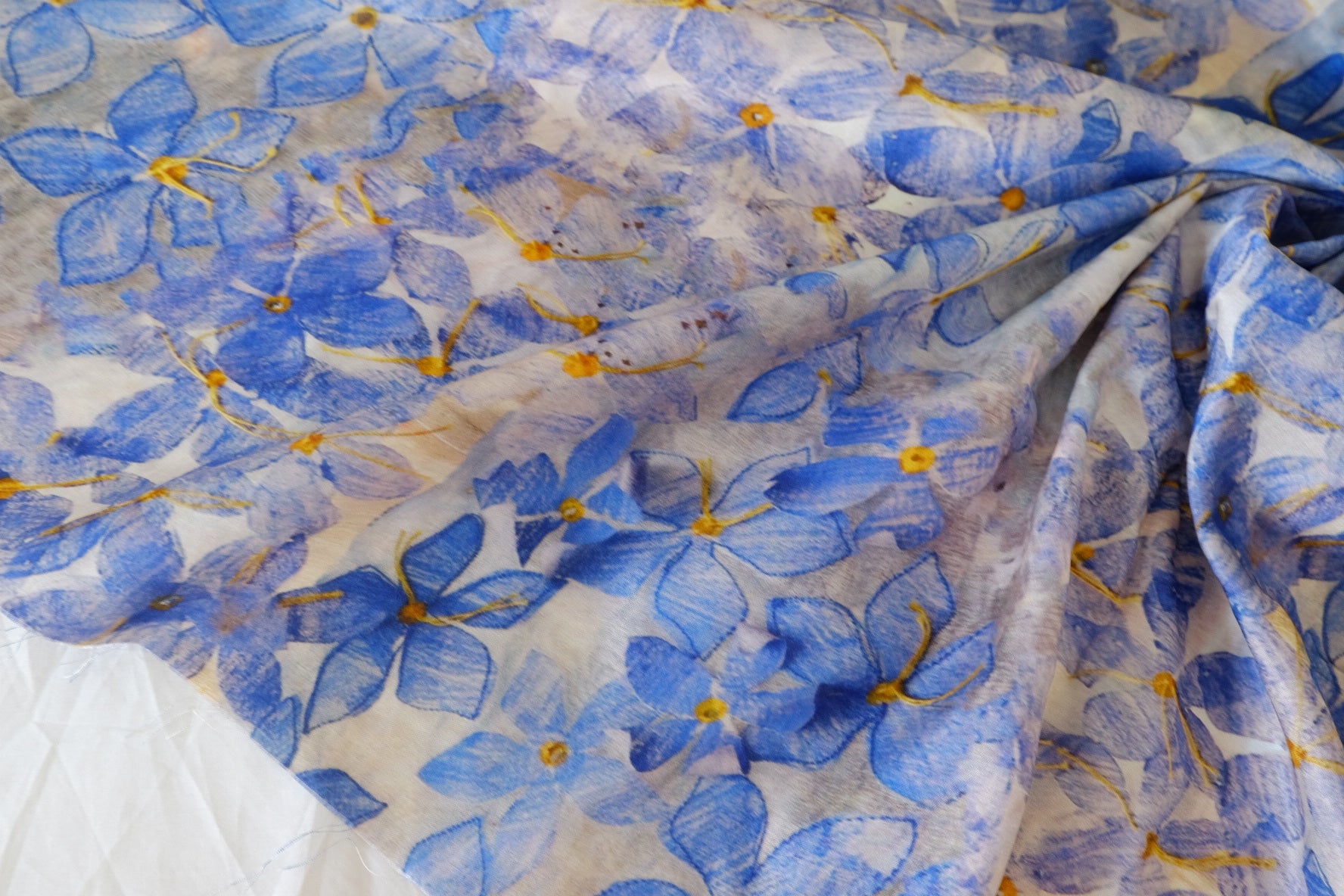Silky Rayon Fabric – Blue Watercolor Floral Print (2.2 yd Cut)