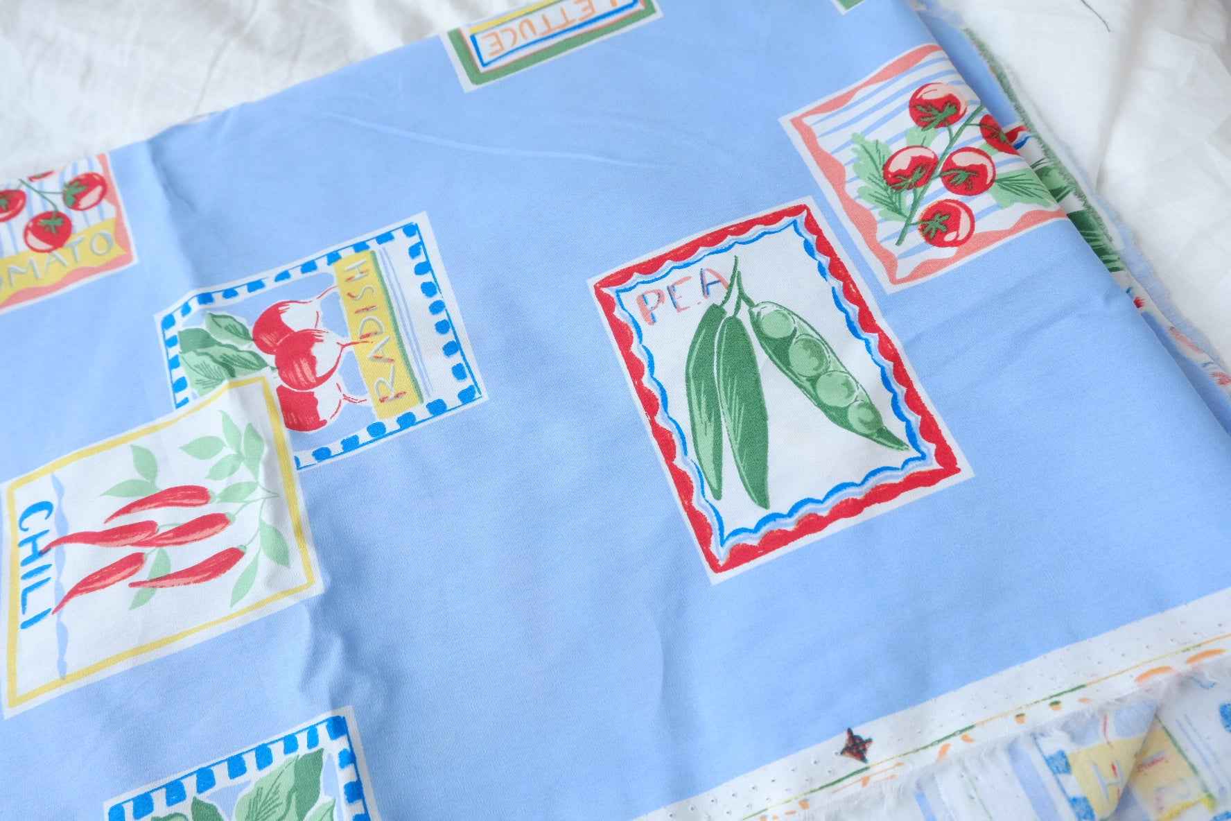 Playful Vegetable Print Cotton Fabric, Sky Blue Novelty Print, 1.64 Yards