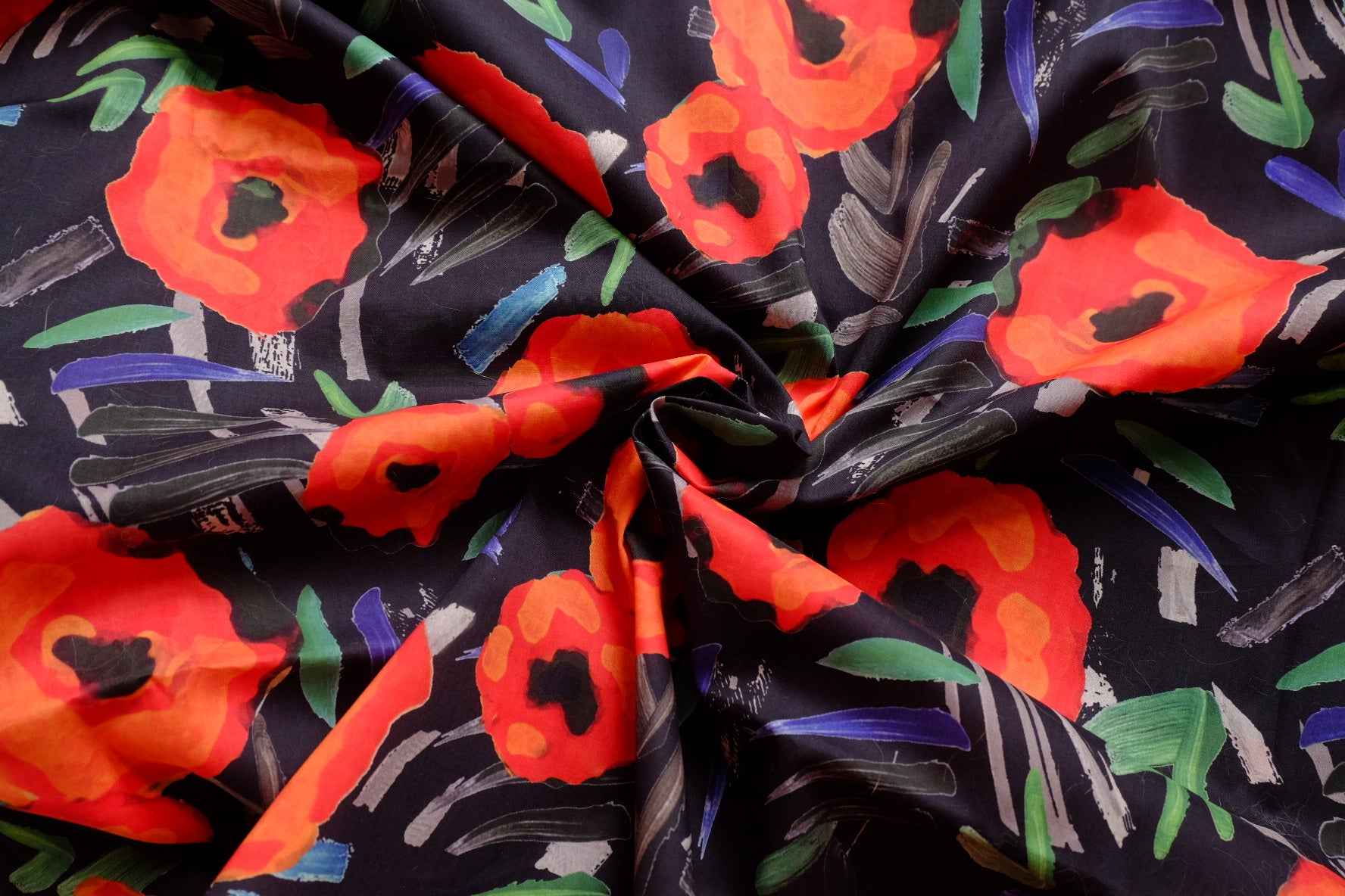 Bold Red Floral Cotton Poplin Fabric, High Density Papery , 3.28 Yards