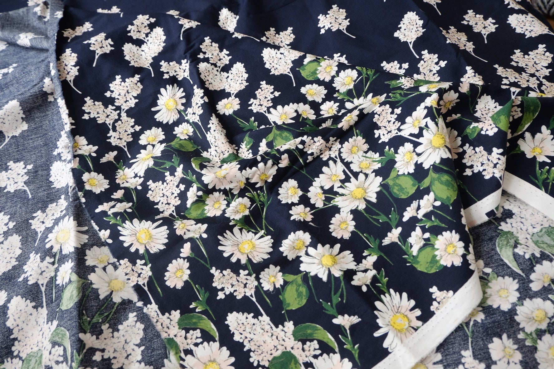 Navy Daisy Border Print Cotton Poplin Fabric - 2.19 yd