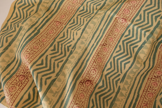 Traditional Indian Hand Block Printed Cotton Fabric – Green Geometric Stripe Pattern – Sold by the Meter