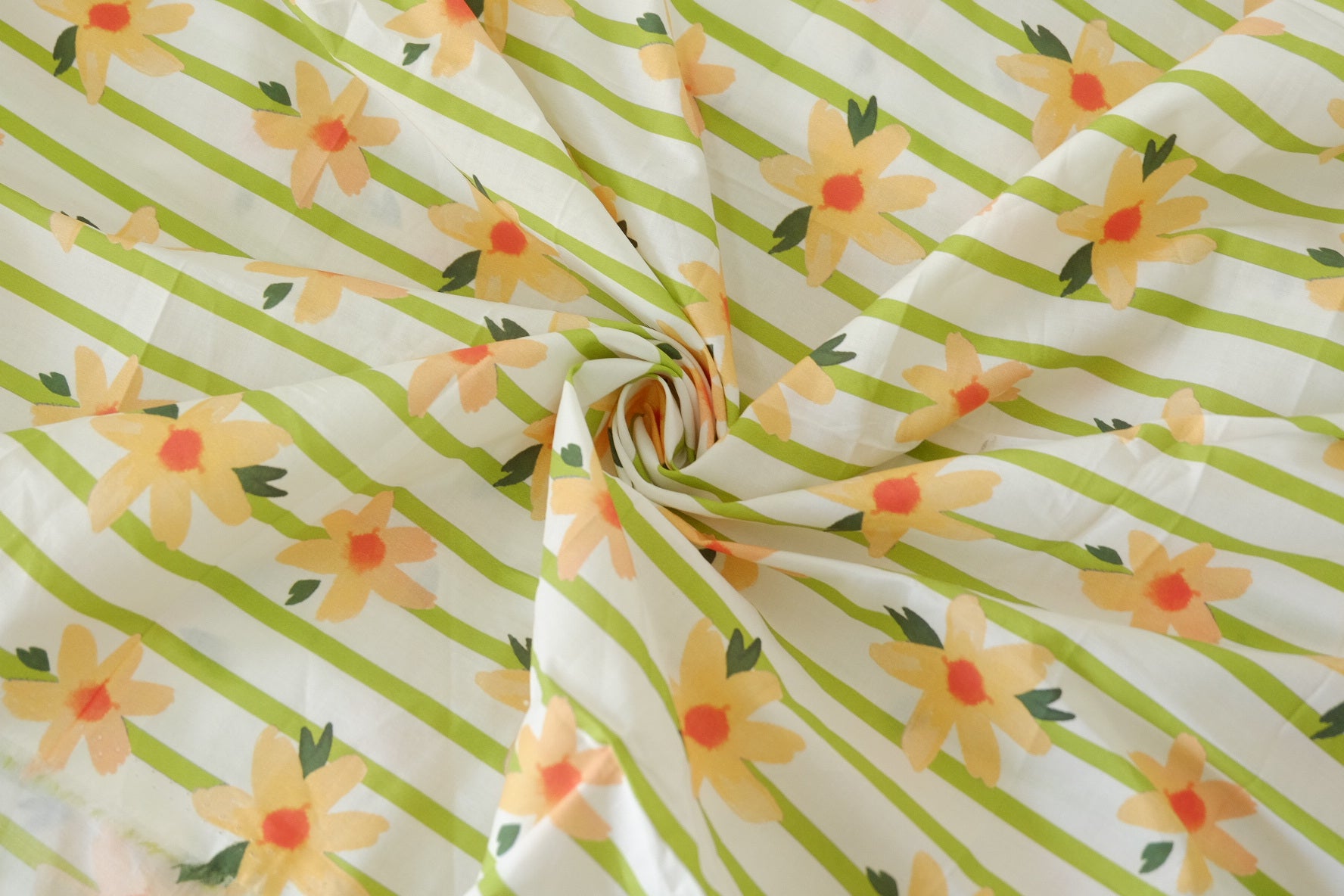 Cotton Lawn Fabric – Yellow Daisy Stripe Print – 3.3 yd