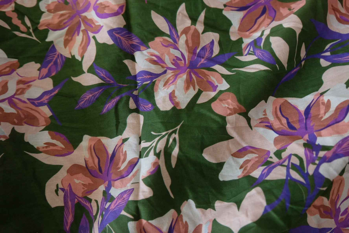 Forest Green & Lilac Floral Cotton Lawn Fabric – 2.5 yd