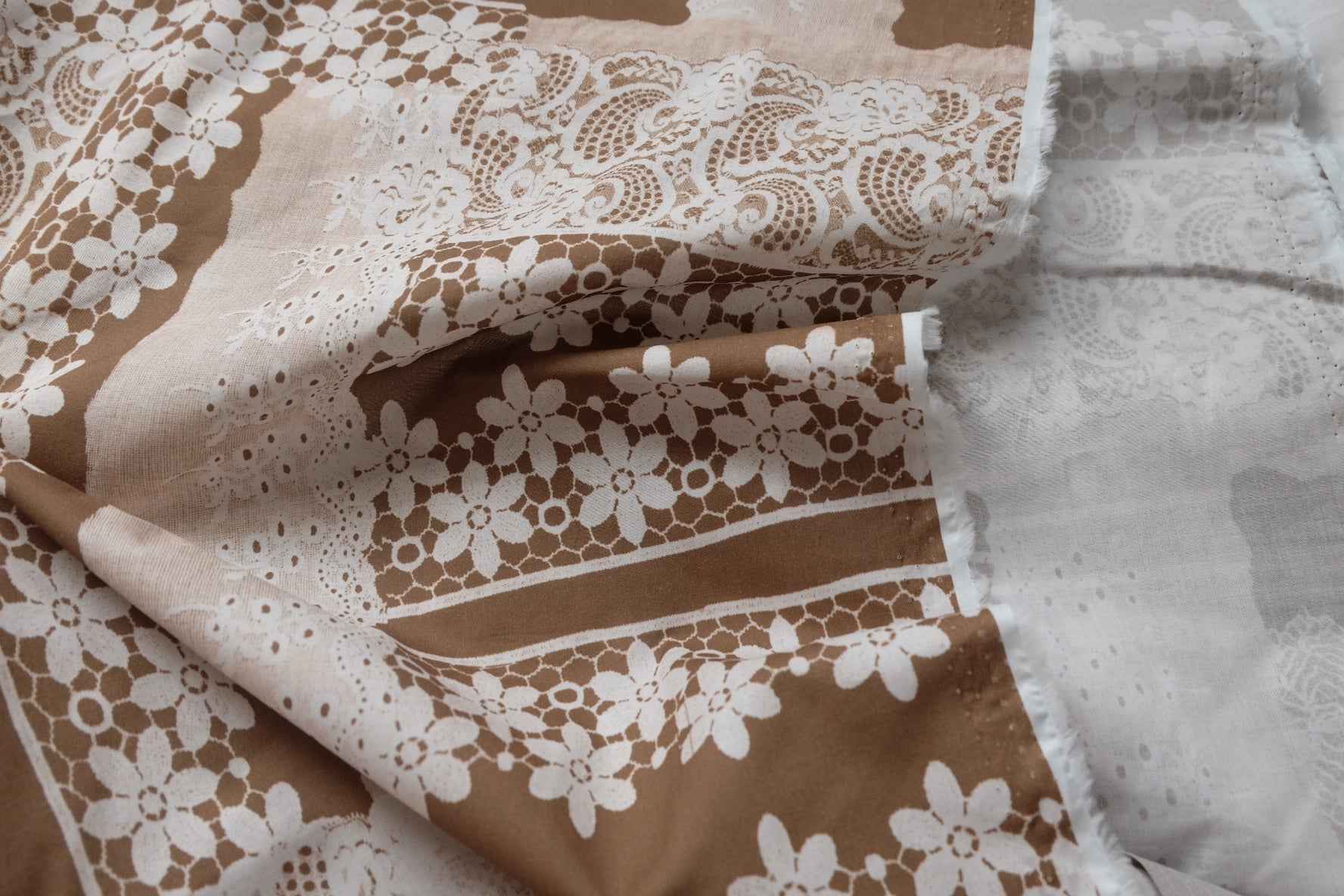 Lace Patchwork Cotton Poplin Fabric, Printed Vintage Tablecloth Look, 4.92 Yards