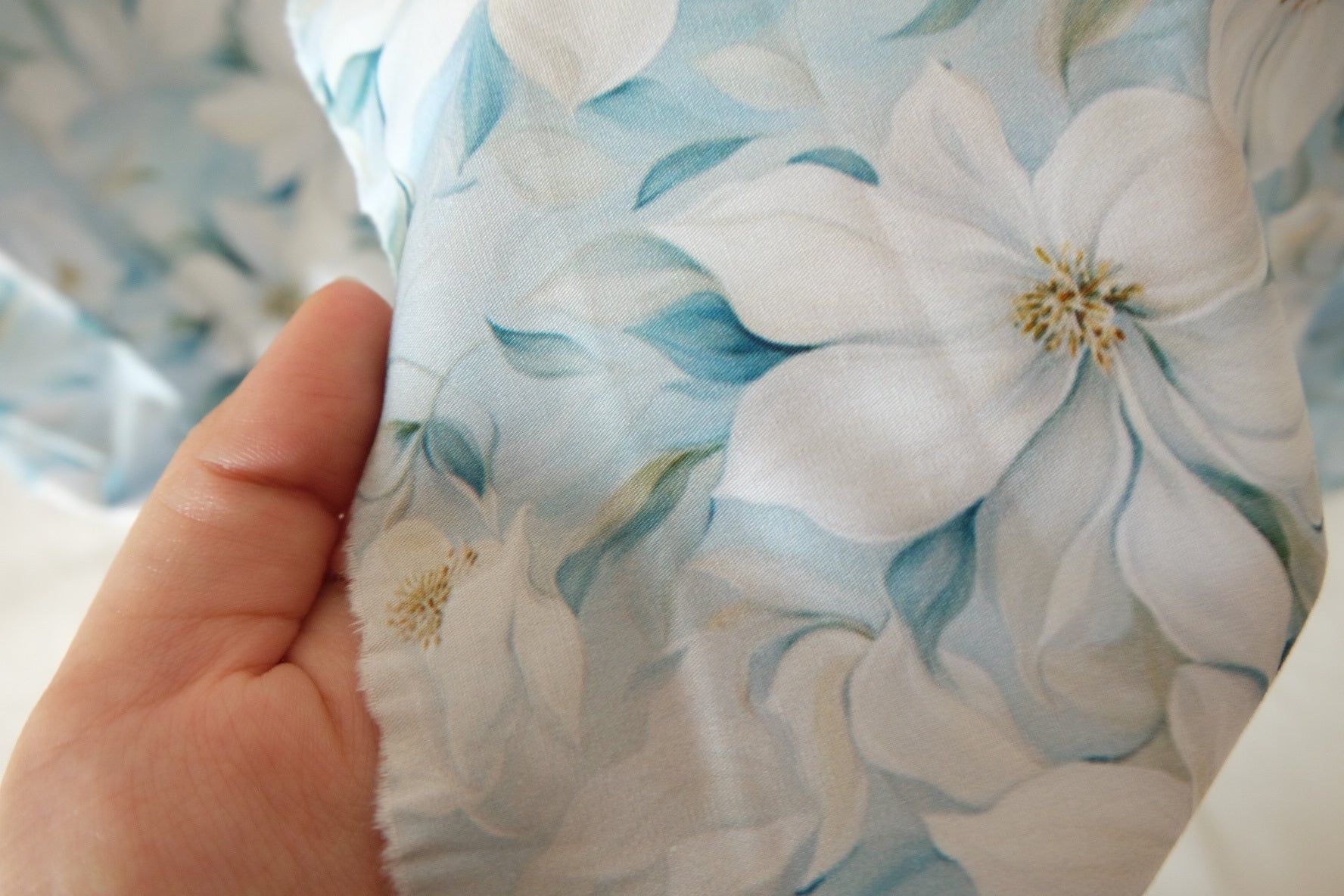 White Magnolia Floral Cotton Poplin Fabric – Soft Blue – 3.3 yd