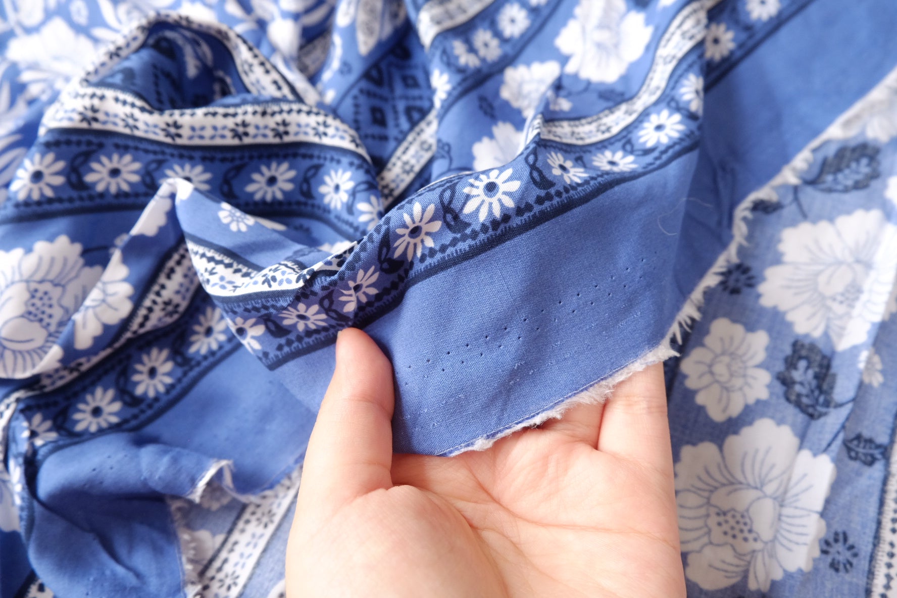 Double Border Bird & Floral Rayon Fabric in Blue and White, 3.3 Yards