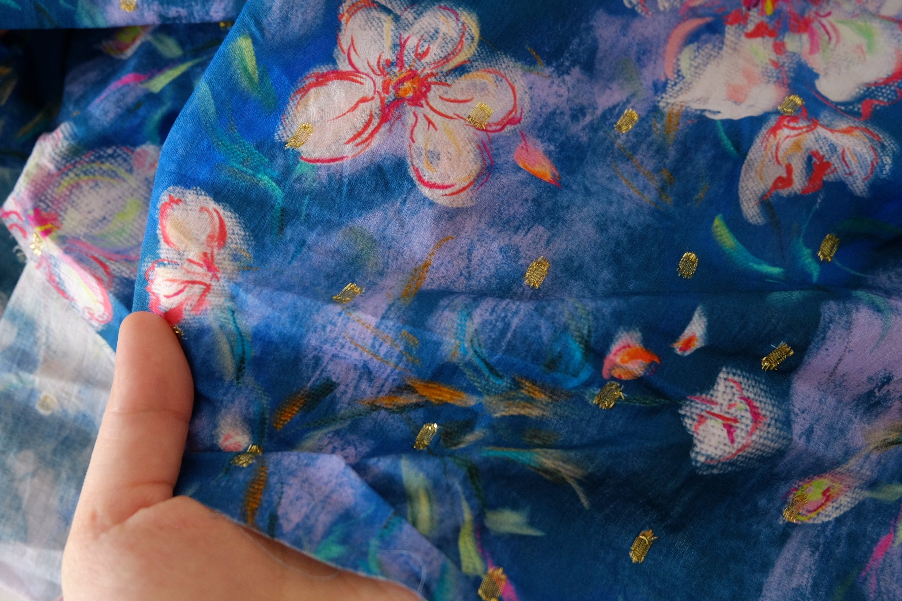 Cobalt Watercolor Floral Gold-Dot Cotton Lawn – 2 yd