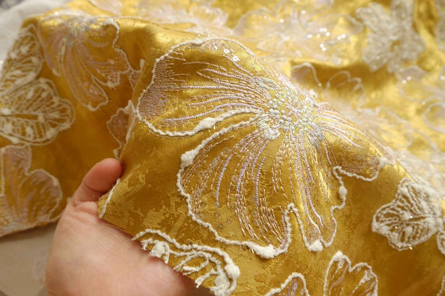 Golden Floral Embroidered Jacquard Satin, Structured Statement Fabric, 2.19 Yards
