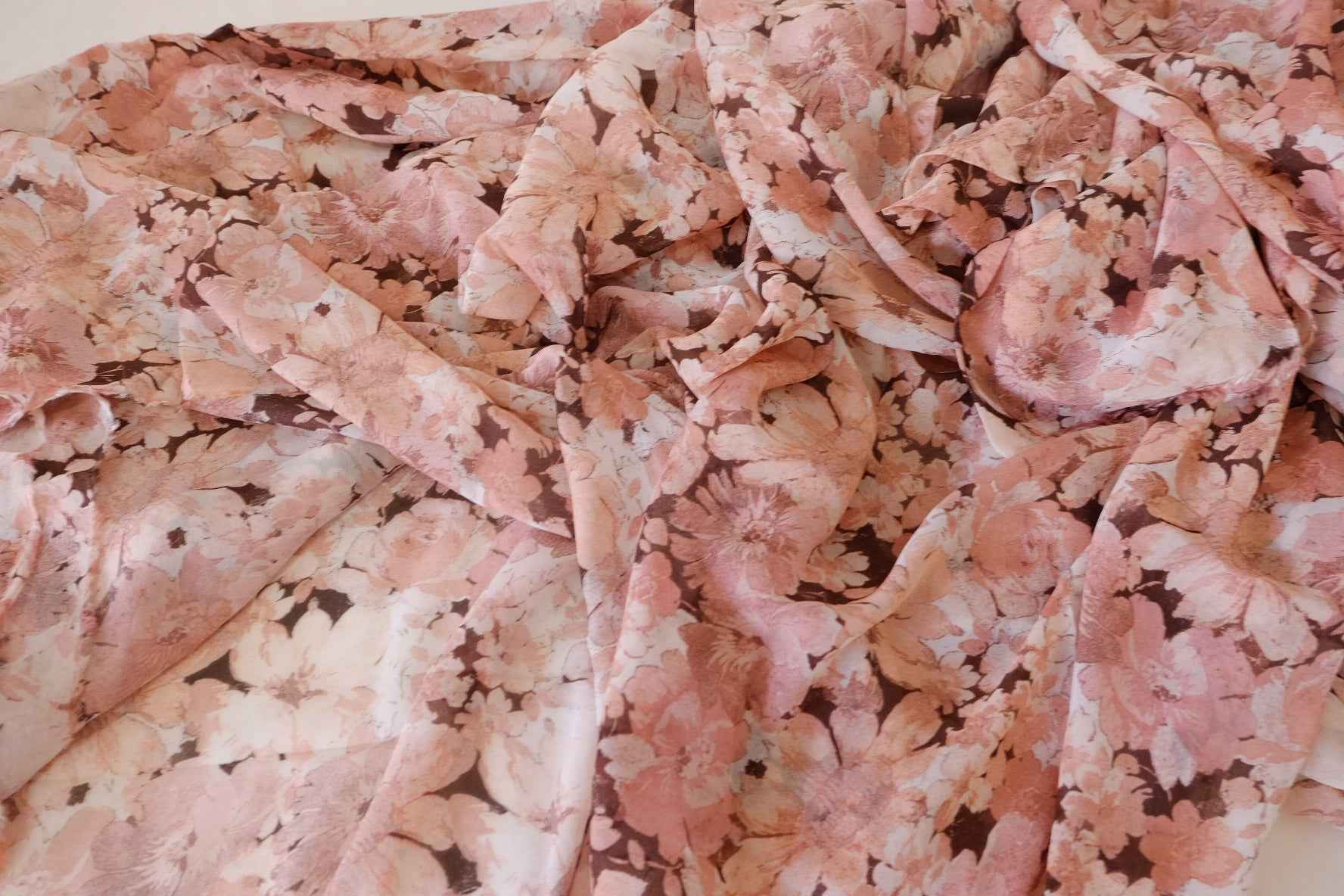 Sheer Rayon Chiffon Fabric – Vintage Peach Floral Print  3.3 yd
