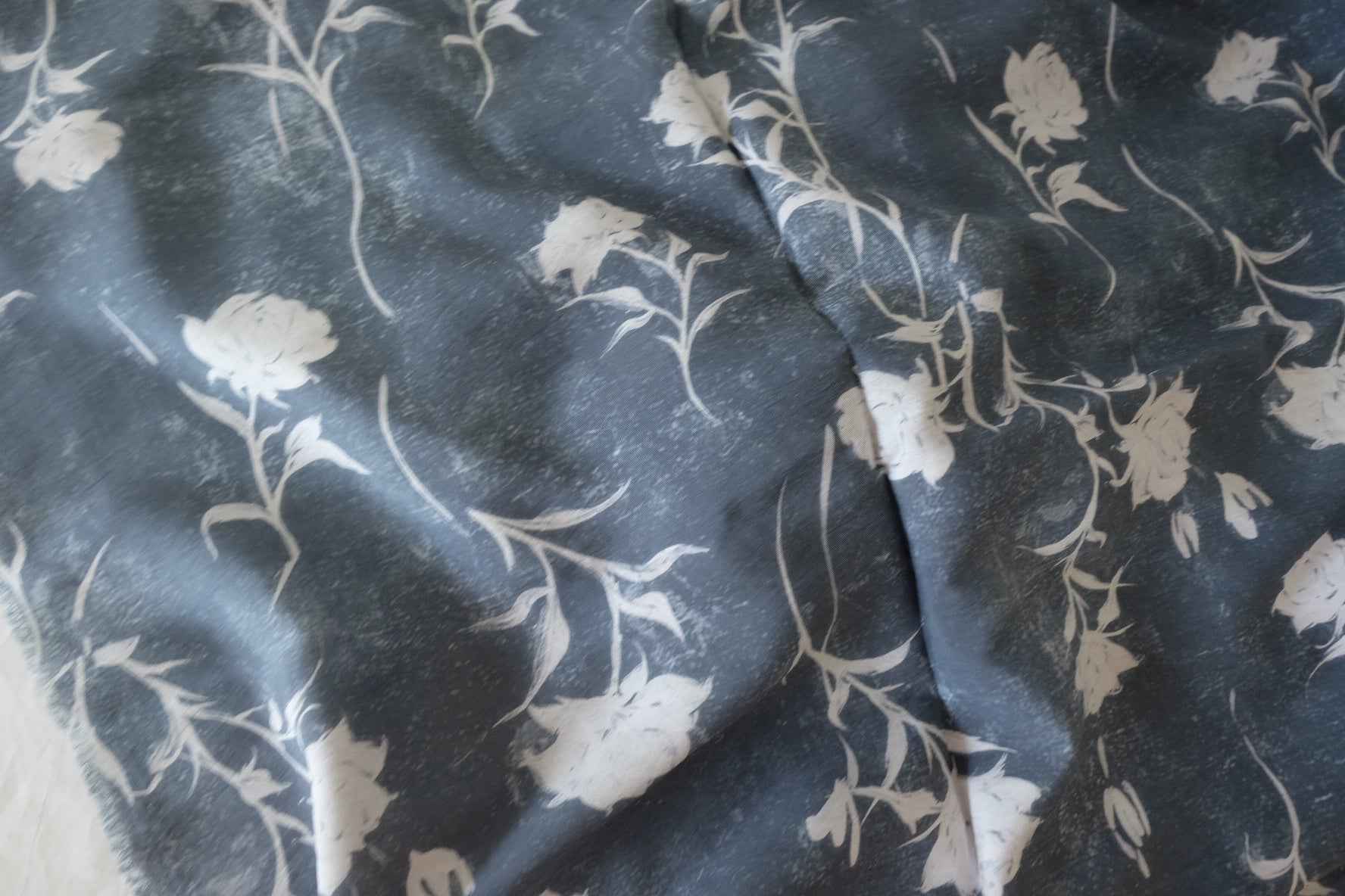 Rayon-Linen Blend Fabric – Dark Blue Rose Sketch Pattern-3.3 yd