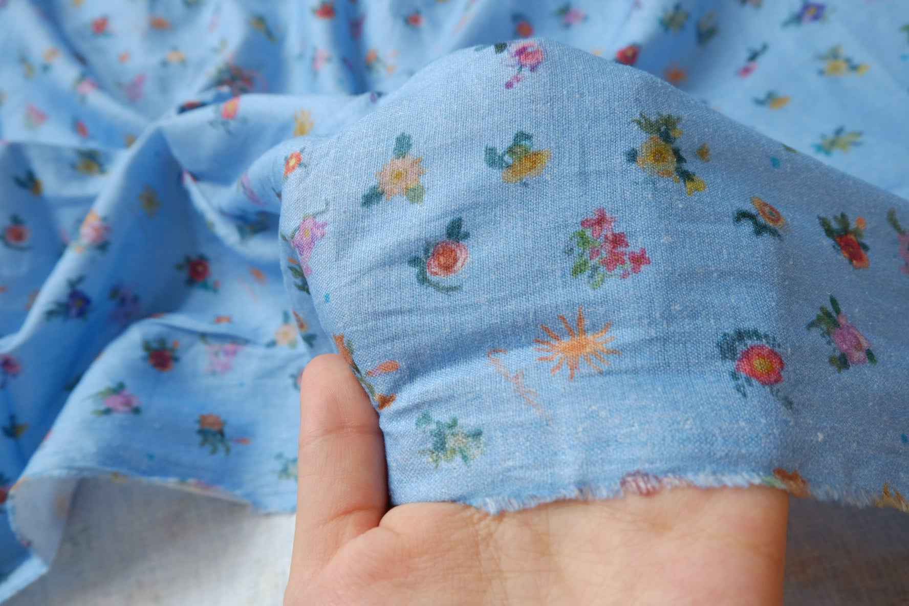 Soft Blue Floral Linen Cotton Fabric, Lightweight and Airy for Dresses and Blouses, 3.28 Yards