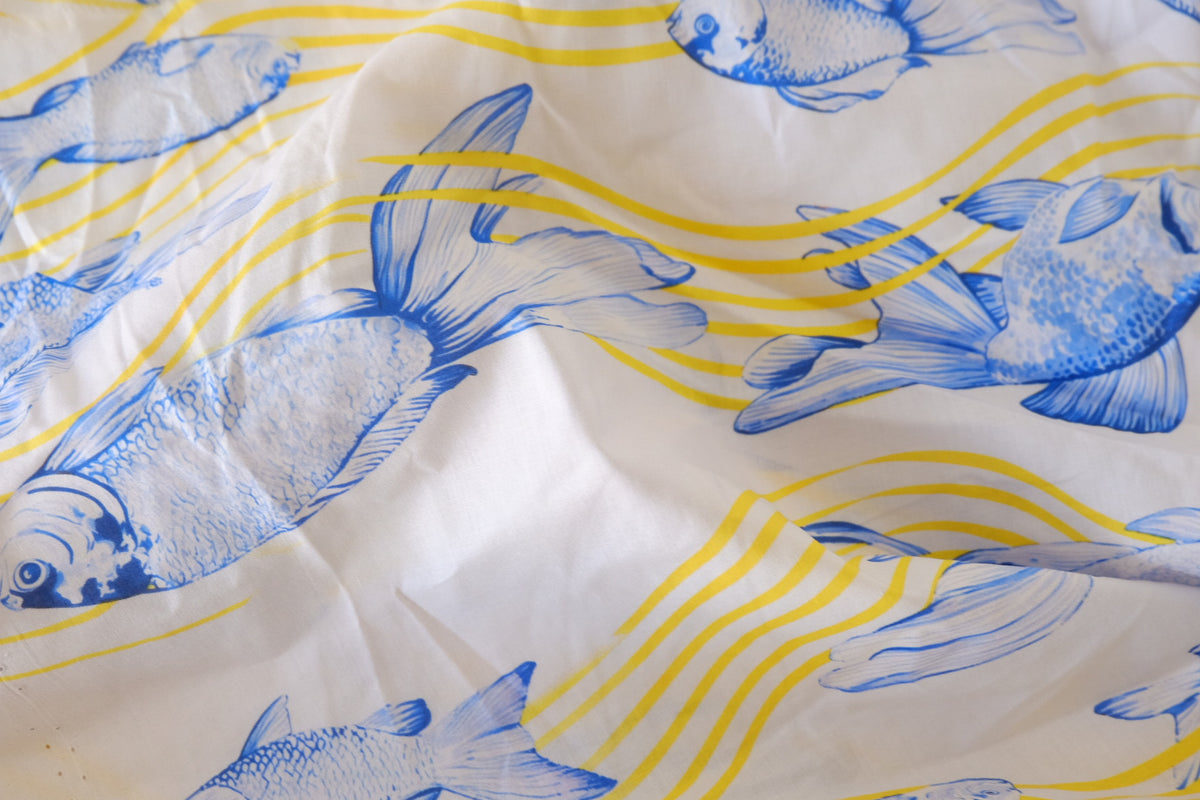 Blue Koi Fish & Yellow Waves Cotton Lawn Fabric – 2.5 yd